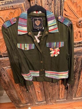 Bohemian Olive Green Jean Jacket with Multicolor Trim by (no brand)